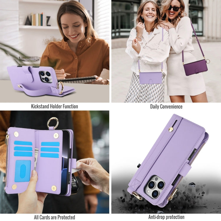 For iPhone 16 Pro Max Crossbody Ring Multifunctional Wallet Leather Phone Case