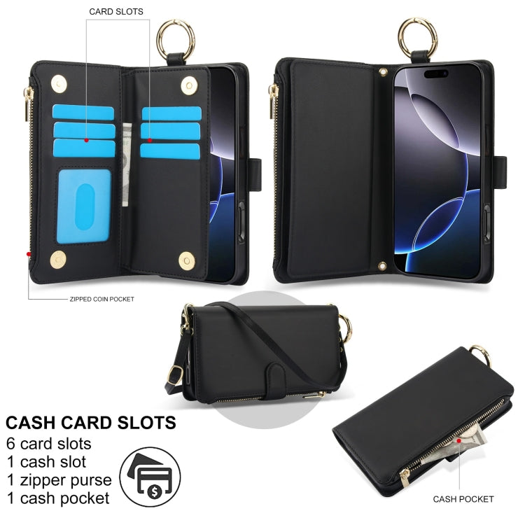 For iPhone 16 Pro Crossbody Ring Multifunctional Wallet Leather Phone Case