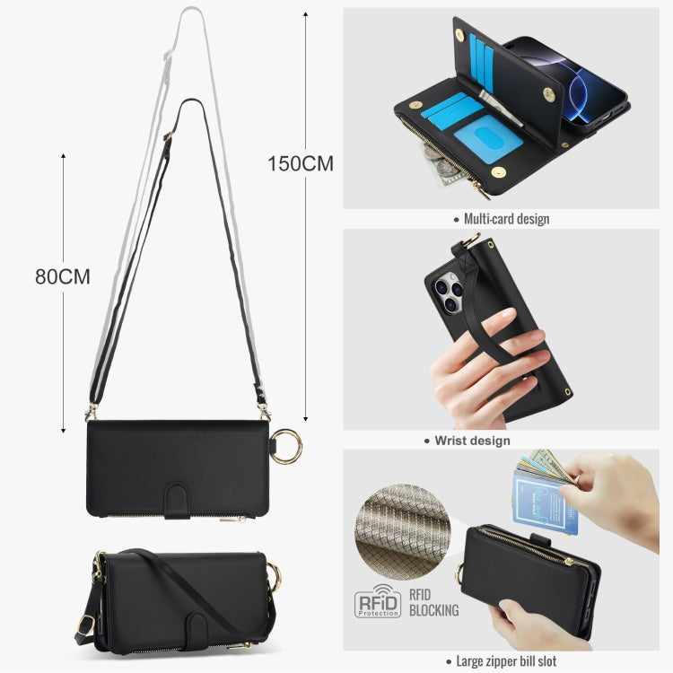For iPhone 16 Pro Crossbody Ring Multifunctional Wallet Leather Phone Case