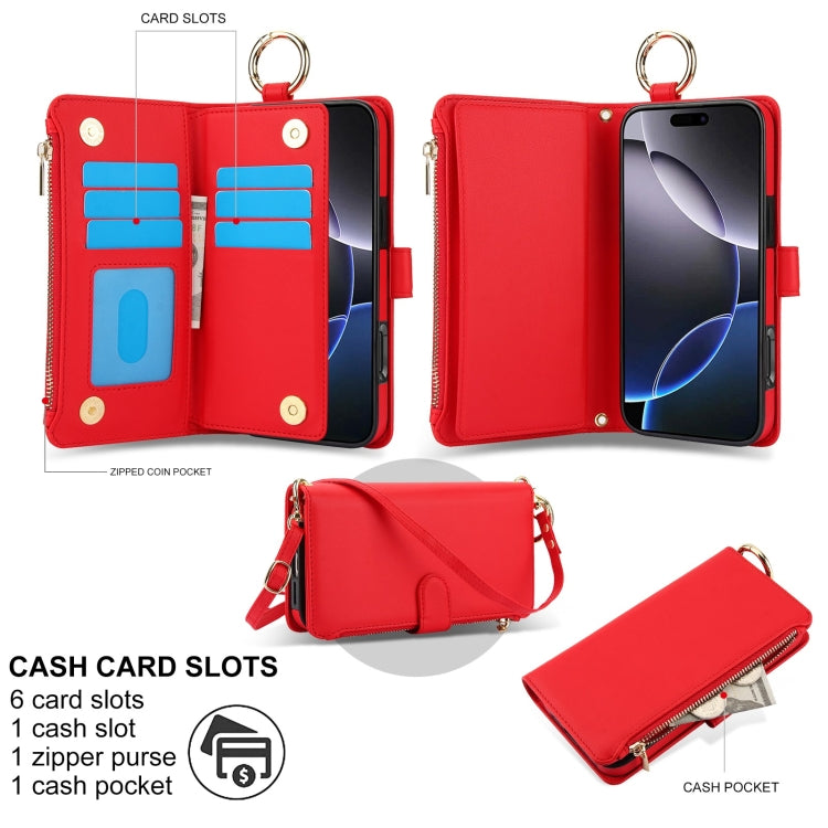 For iPhone 16 Pro Crossbody Ring Multifunctional Wallet Leather Phone Case