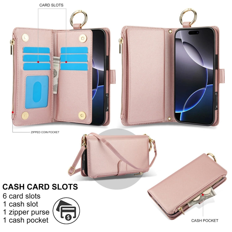For iPhone 16 Pro Crossbody Ring Multifunctional Wallet Leather Phone Case