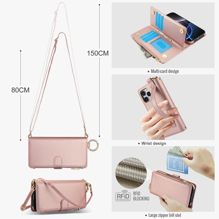 For iPhone 16 Pro Crossbody Ring Multifunctional Wallet Leather Phone Case