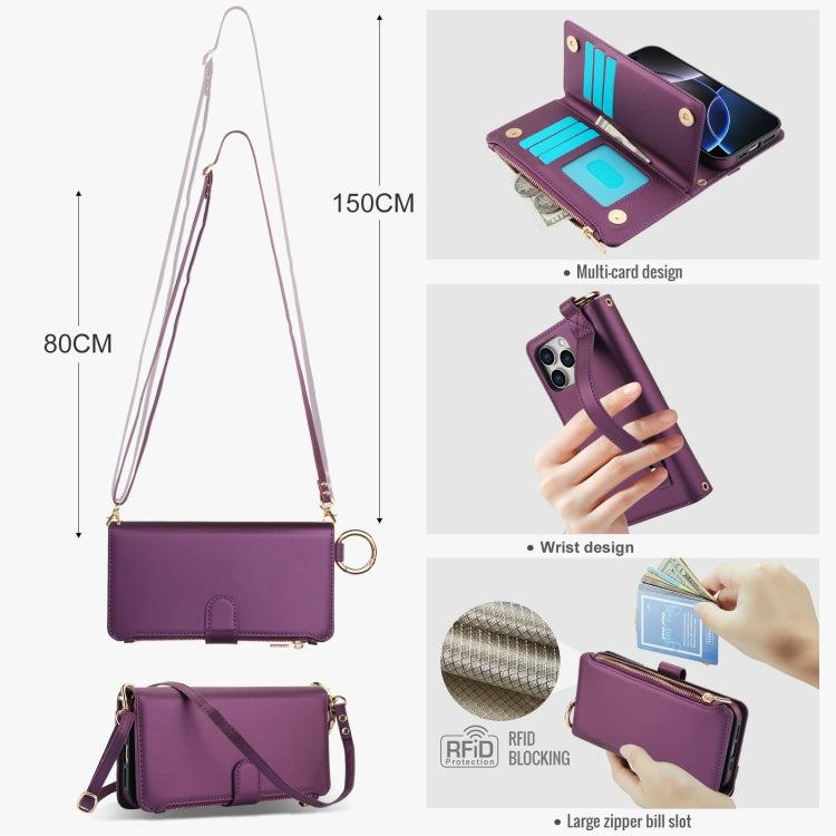 For iPhone 16 Pro Crossbody Ring Multifunctional Wallet Leather Phone Case