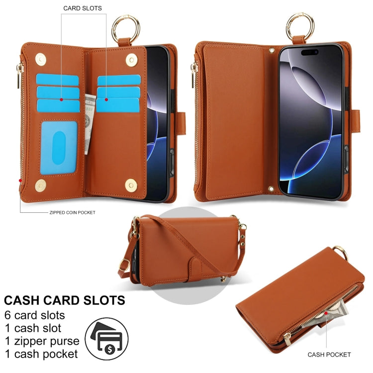 For iPhone 16 Pro Crossbody Ring Multifunctional Wallet Leather Phone Case