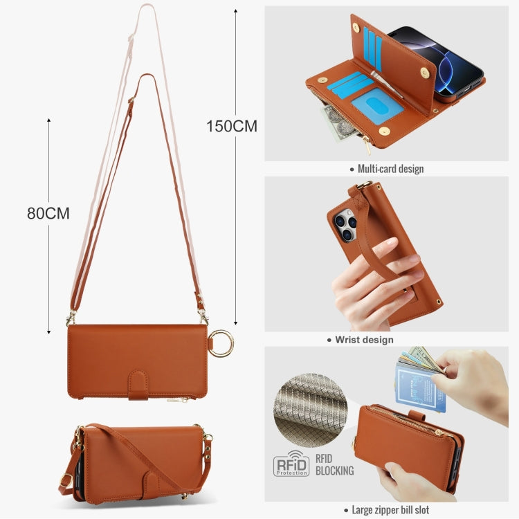 For iPhone 16 Pro Crossbody Ring Multifunctional Wallet Leather Phone Case