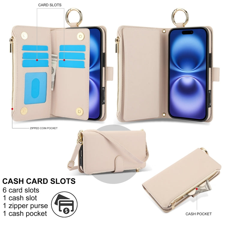 For iPhone 16 Plus Crossbody Ring Multifunctional Wallet Leather Phone Case