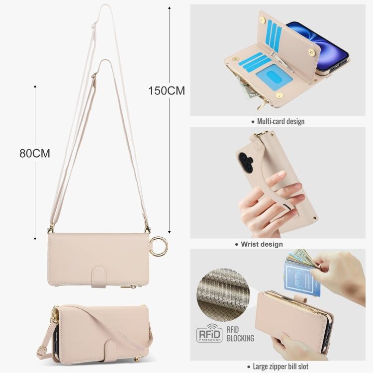 For iPhone 16 Plus Crossbody Ring Multifunctional Wallet Leather Phone Case