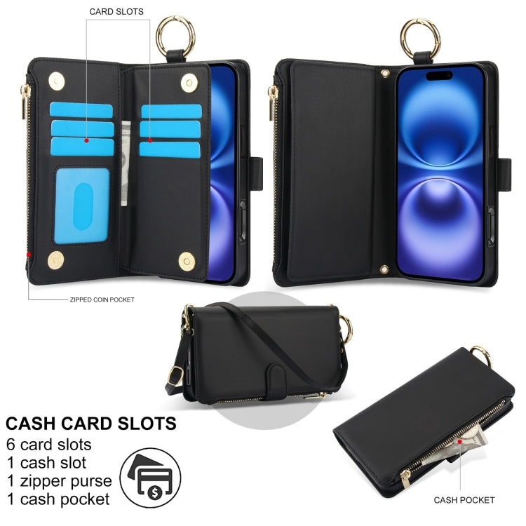 For iPhone 16 Plus Crossbody Ring Multifunctional Wallet Leather Phone Case