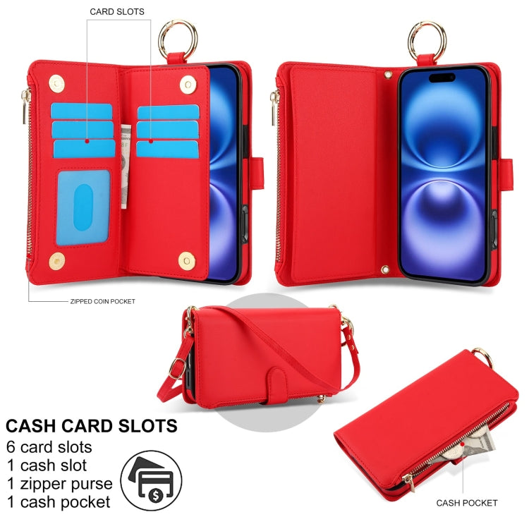 For iPhone 16 Plus Crossbody Ring Multifunctional Wallet Leather Phone Case