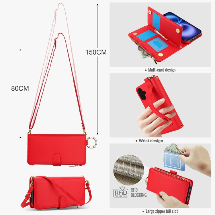 For iPhone 16 Plus Crossbody Ring Multifunctional Wallet Leather Phone Case