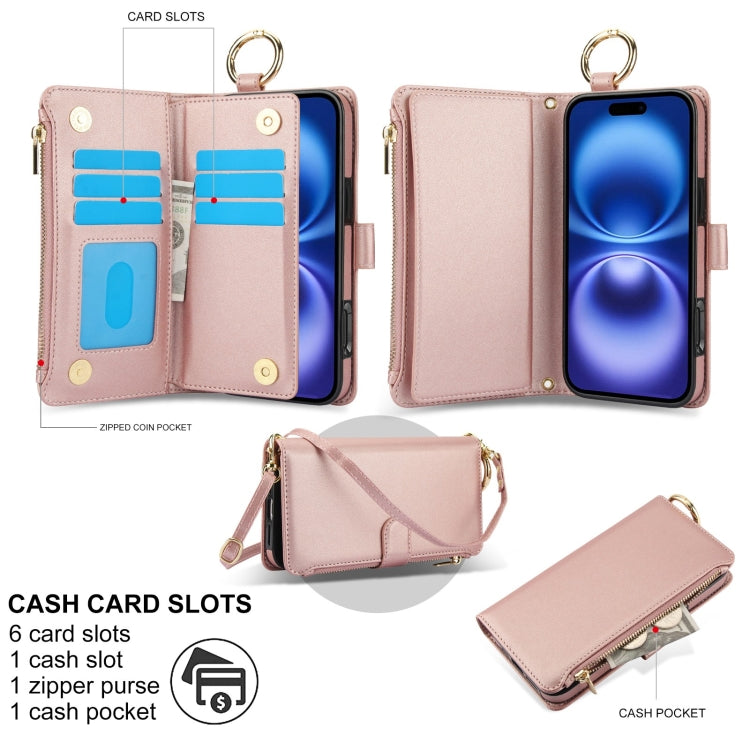 For iPhone 16 Plus Crossbody Ring Multifunctional Wallet Leather Phone Case