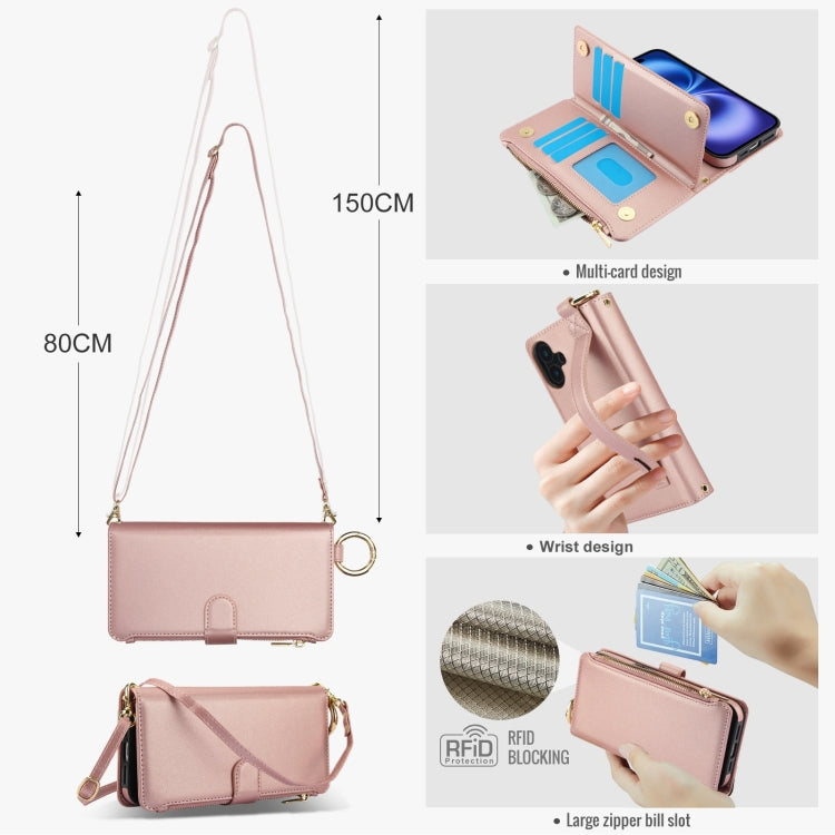 For iPhone 16 Plus Crossbody Ring Multifunctional Wallet Leather Phone Case