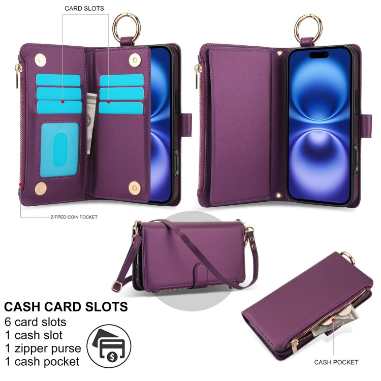 For iPhone 16 Plus Crossbody Ring Multifunctional Wallet Leather Phone Case