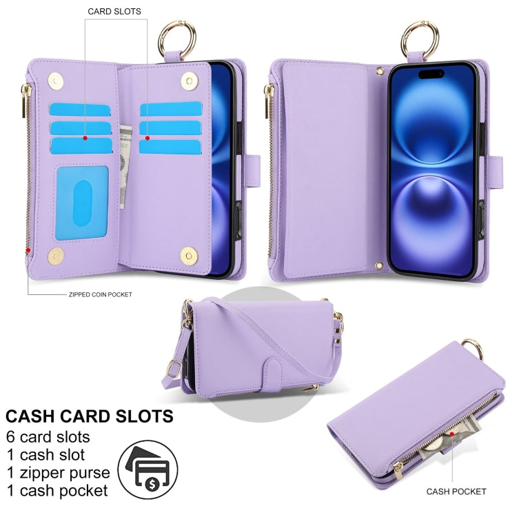 For iPhone 16 Plus Crossbody Ring Multifunctional Wallet Leather Phone Case
