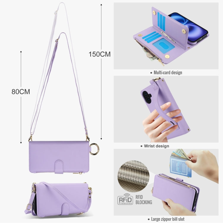 For iPhone 16 Plus Crossbody Ring Multifunctional Wallet Leather Phone Case