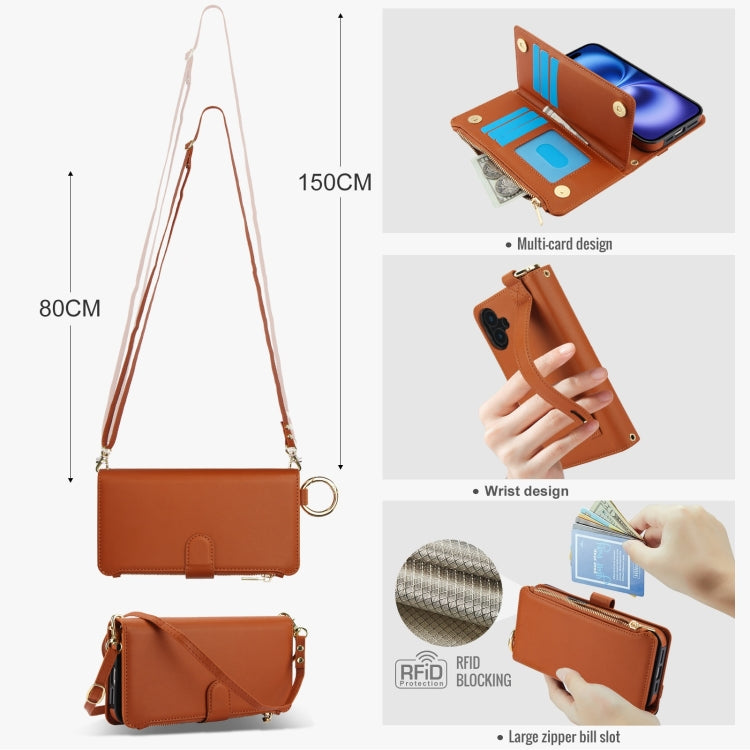 For iPhone 16 Plus Crossbody Ring Multifunctional Wallet Leather Phone Case