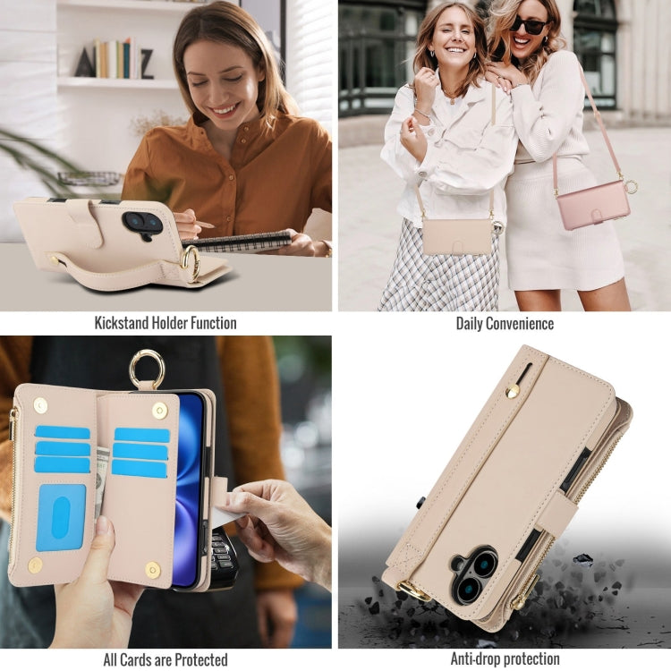 For iPhone 16 Crossbody Ring Multifunctional Wallet Leather Phone Case