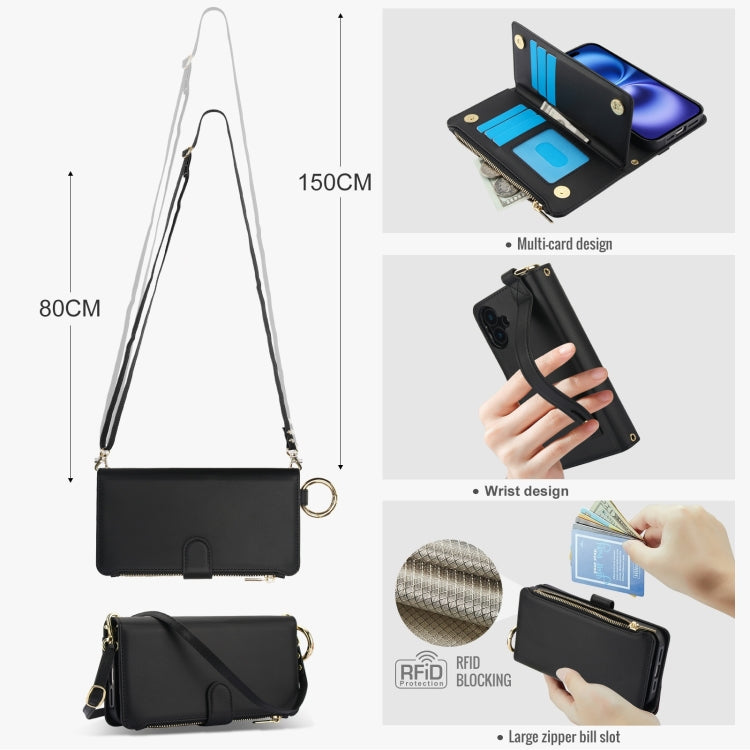 For iPhone 16 Crossbody Ring Multifunctional Wallet Leather Phone Case