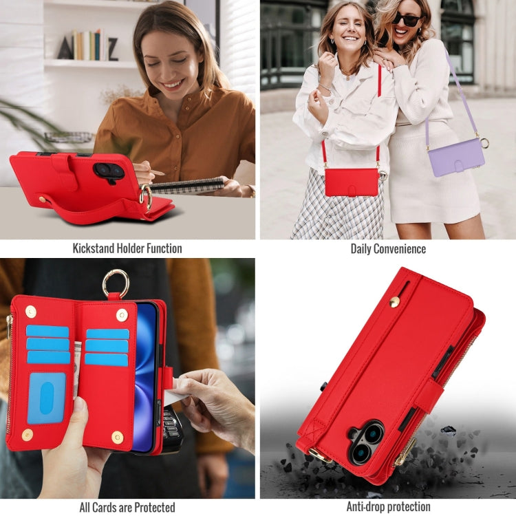 For iPhone 16 Crossbody Ring Multifunctional Wallet Leather Phone Case