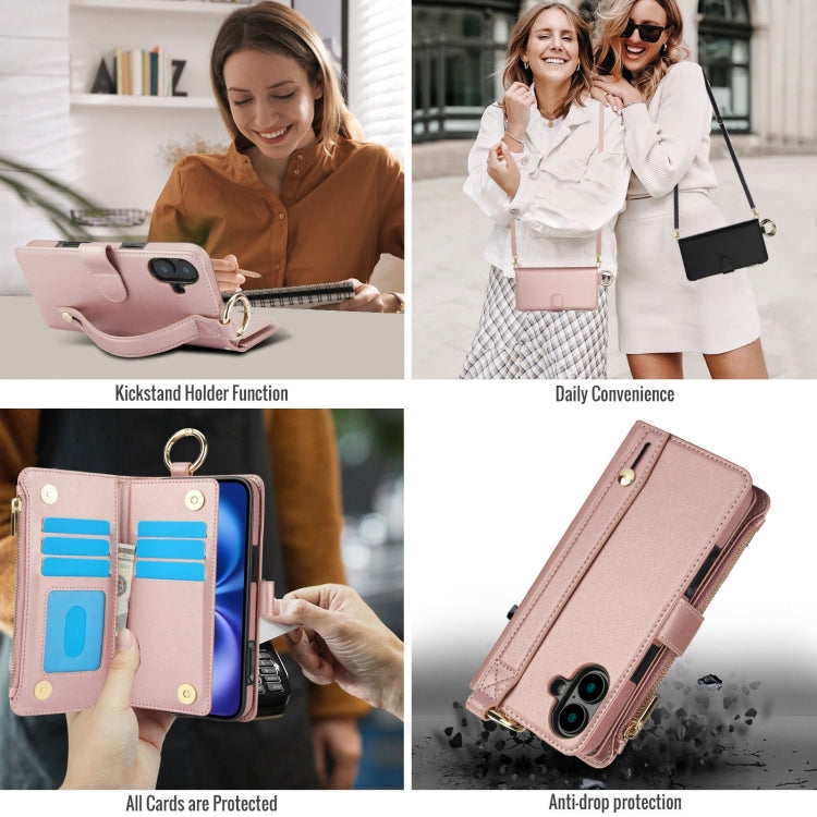 For iPhone 16 Crossbody Ring Multifunctional Wallet Leather Phone Case
