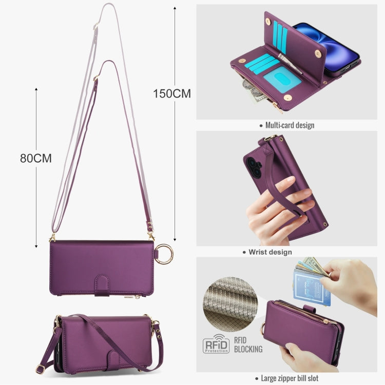 For iPhone 16 Crossbody Ring Multifunctional Wallet Leather Phone Case