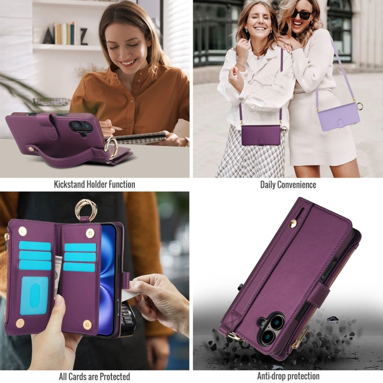 For iPhone 16 Crossbody Ring Multifunctional Wallet Leather Phone Case