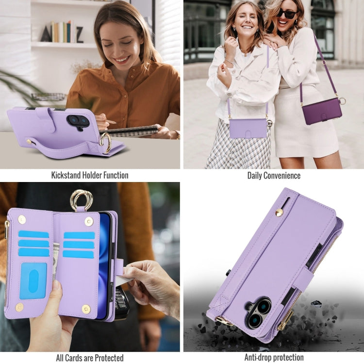 For iPhone 16 Crossbody Ring Multifunctional Wallet Leather Phone Case