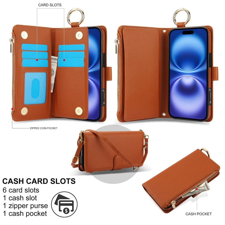 For iPhone 16 Crossbody Ring Multifunctional Wallet Leather Phone Case