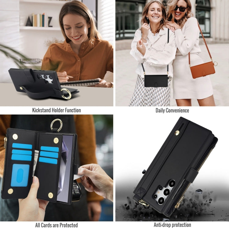 For Samsung Galaxy S24 Ultra 5G Crossbody Ring Multifunctional Wallet Leather Phone Case
