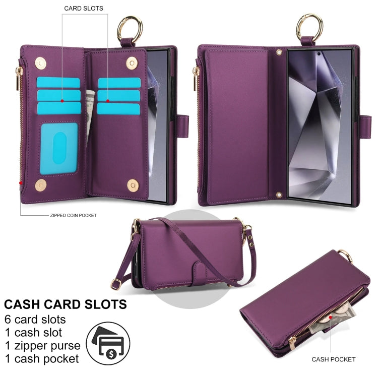 For Samsung Galaxy S24 Ultra 5G Crossbody Ring Multifunctional Wallet Leather Phone Case
