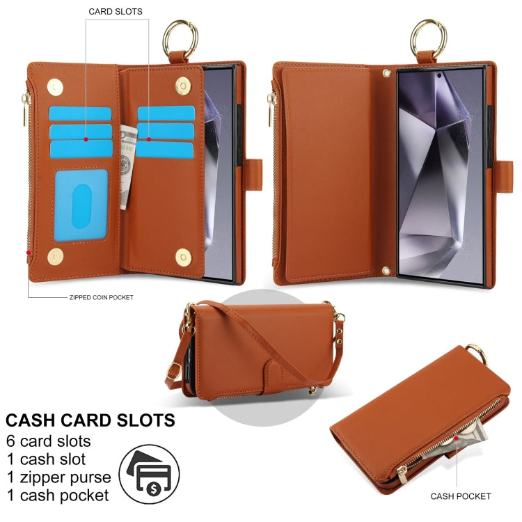 For Samsung Galaxy S24 Ultra 5G Crossbody Ring Multifunctional Wallet Leather Phone Case