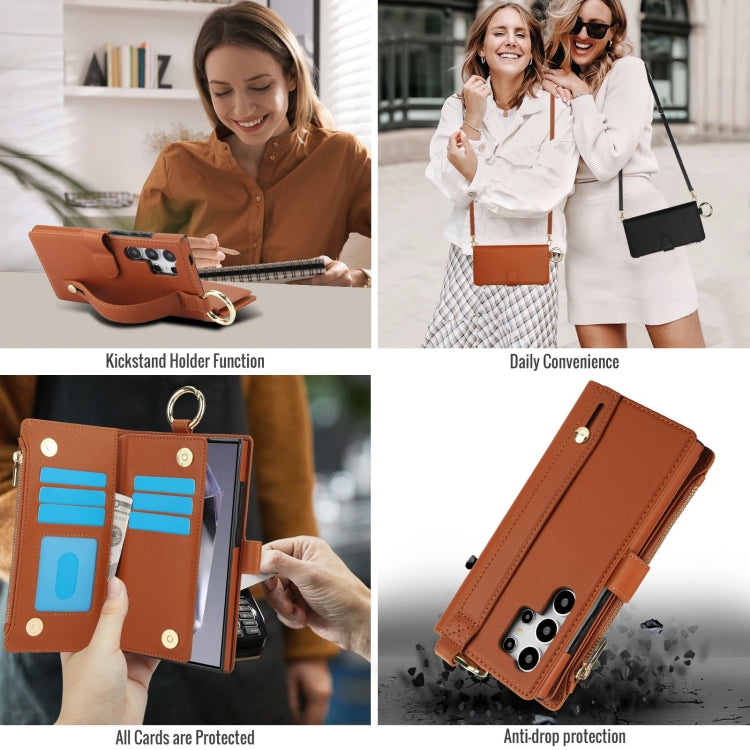 For Samsung Galaxy S24 Ultra 5G Crossbody Ring Multifunctional Wallet Leather Phone Case
