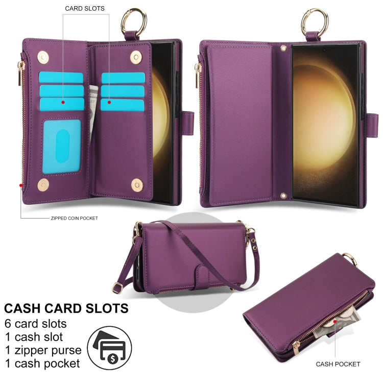 For Samsung Galaxy S23 Ultra 5G Crossbody Ring Multifunctional Wallet Leather Phone Case