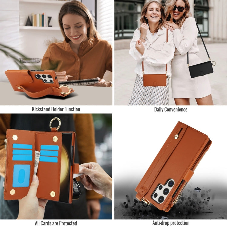 For Samsung Galaxy S23 Ultra 5G Crossbody Ring Multifunctional Wallet Leather Phone Case