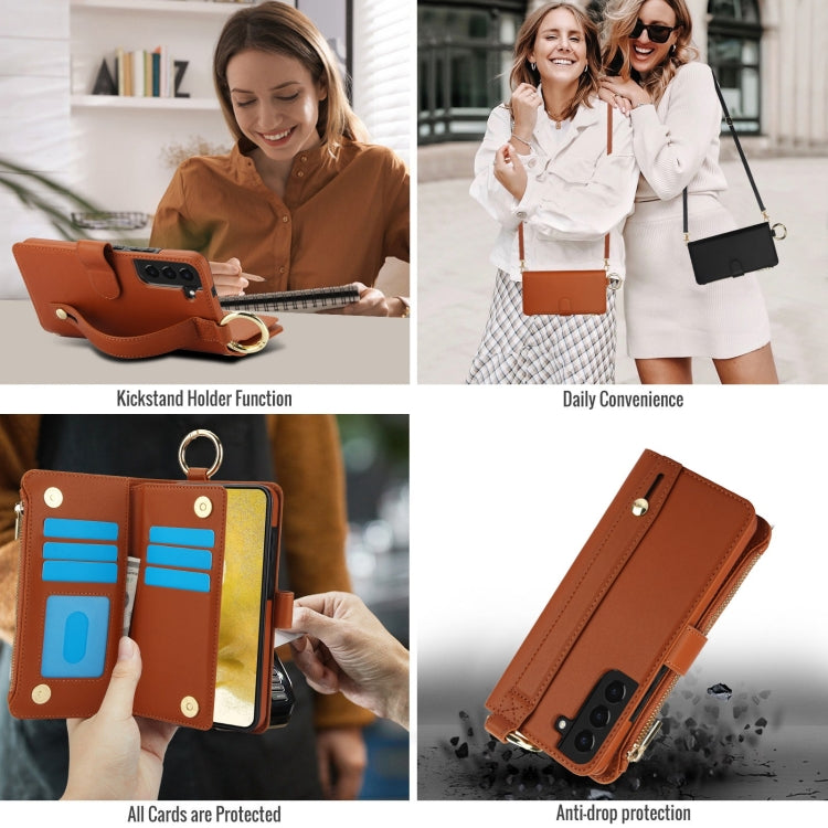 For Samsung Galaxy S22 5G Crossbody Ring Multifunctional Wallet Leather Phone Case
