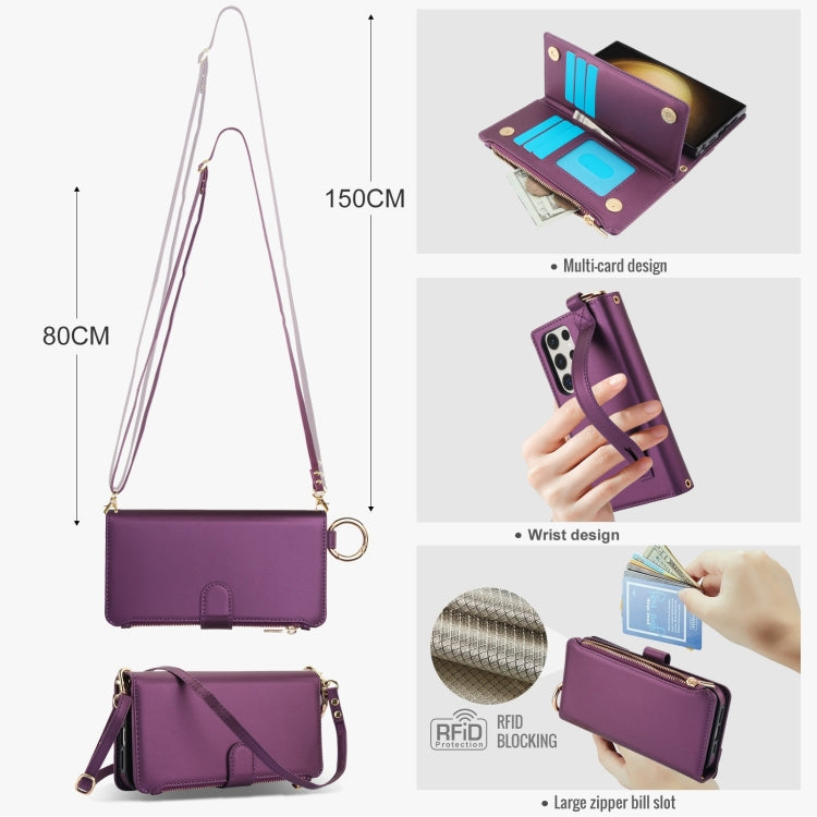 For Samsung Galaxy S22 Ultra 5G Crossbody Ring Multifunctional Wallet Leather Phone Case