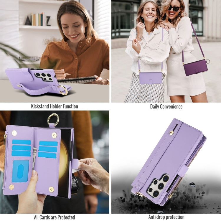 For Samsung Galaxy S22 Ultra 5G Crossbody Ring Multifunctional Wallet Leather Phone Case