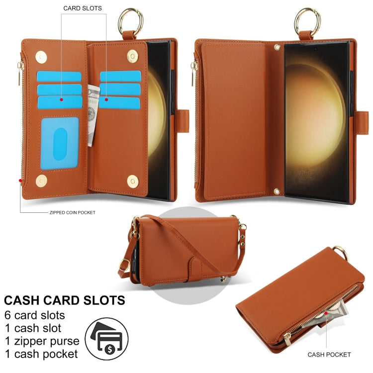 For Samsung Galaxy S22 Ultra 5G Crossbody Ring Multifunctional Wallet Leather Phone Case