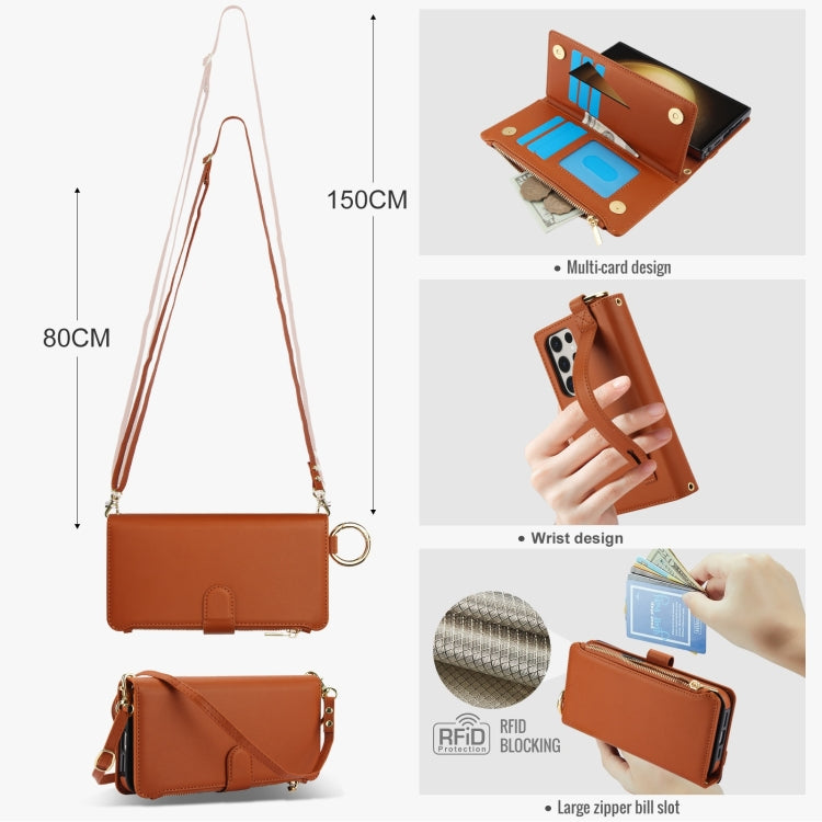 For Samsung Galaxy S22 Ultra 5G Crossbody Ring Multifunctional Wallet Leather Phone Case