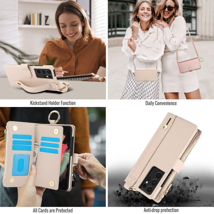 For Samsung Galaxy S21 Ultra 5G Crossbody Ring Multifunctional Wallet Leather Phone Case