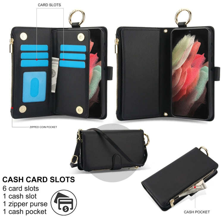 For Samsung Galaxy S21 Ultra 5G Crossbody Ring Multifunctional Wallet Leather Phone Case