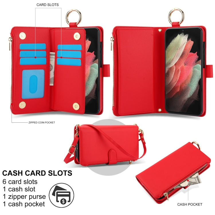 For Samsung Galaxy S21 Ultra 5G Crossbody Ring Multifunctional Wallet Leather Phone Case