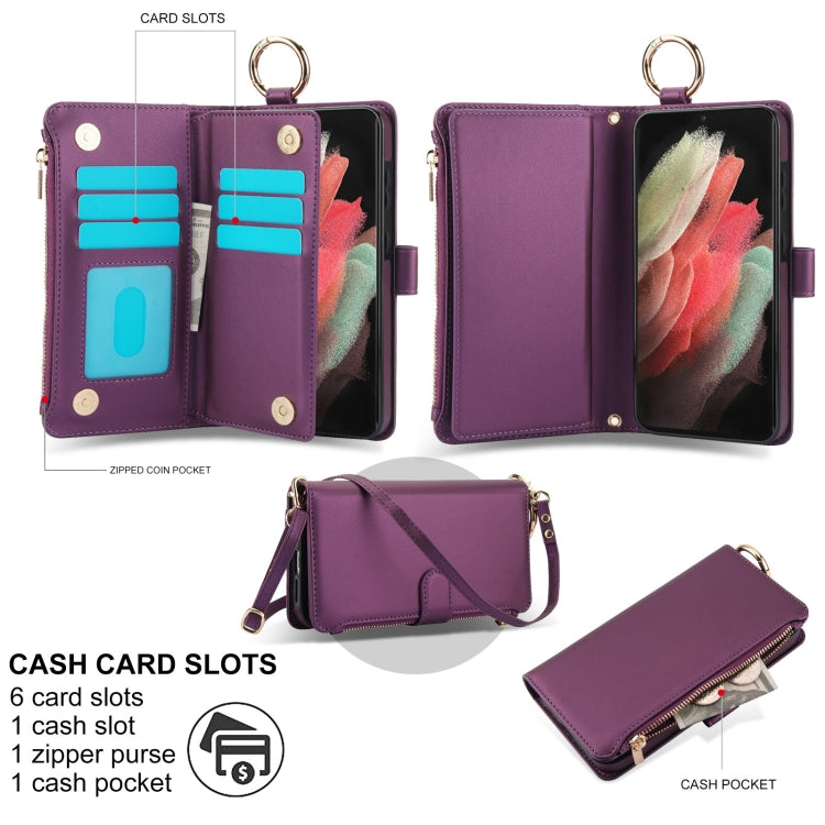For Samsung Galaxy S21 Ultra 5G Crossbody Ring Multifunctional Wallet Leather Phone Case