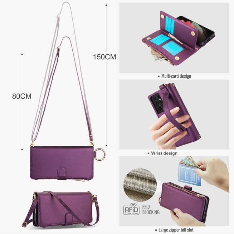 For Samsung Galaxy S21 Ultra 5G Crossbody Ring Multifunctional Wallet Leather Phone Case