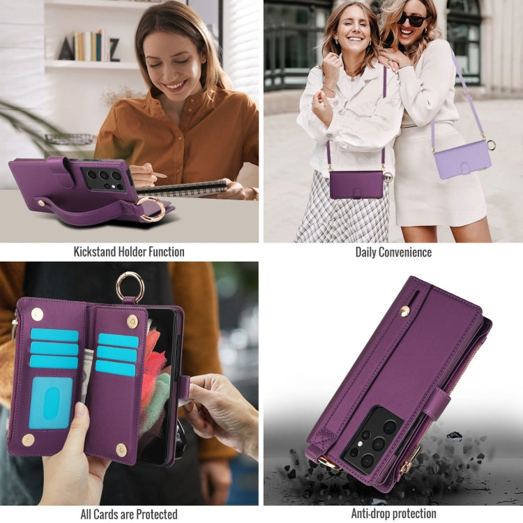 For Samsung Galaxy S21 Ultra 5G Crossbody Ring Multifunctional Wallet Leather Phone Case