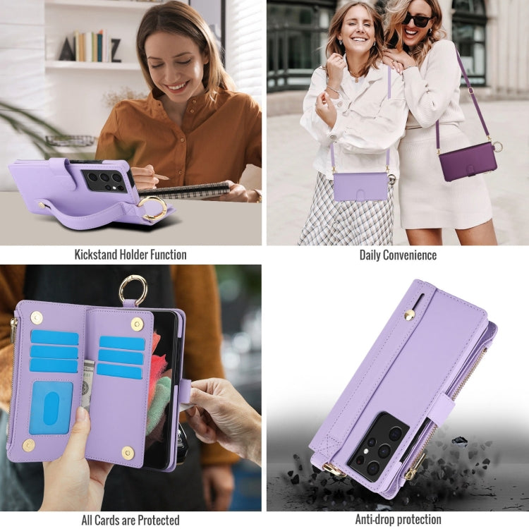 For Samsung Galaxy S21 Ultra 5G Crossbody Ring Multifunctional Wallet Leather Phone Case