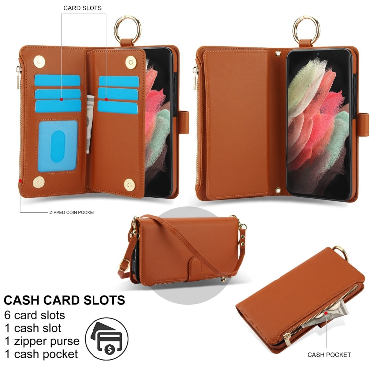 For Samsung Galaxy S21 Ultra 5G Crossbody Ring Multifunctional Wallet Leather Phone Case