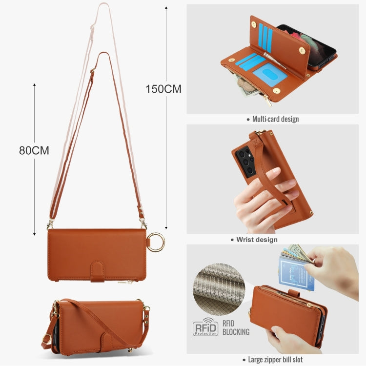 For Samsung Galaxy S21 Ultra 5G Crossbody Ring Multifunctional Wallet Leather Phone Case
