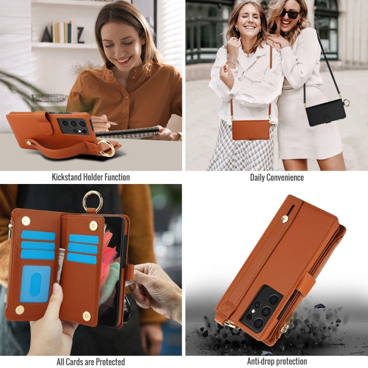For Samsung Galaxy S21 Ultra 5G Crossbody Ring Multifunctional Wallet Leather Phone Case