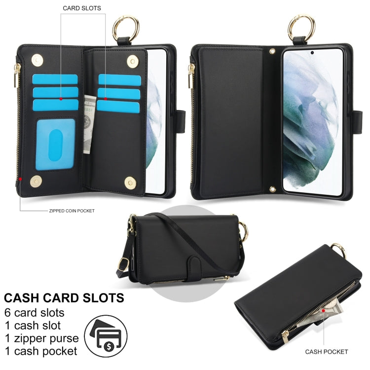 For Samsung Galaxy S21+ 5G Crossbody Ring Multifunctional Wallet Leather Phone Case
